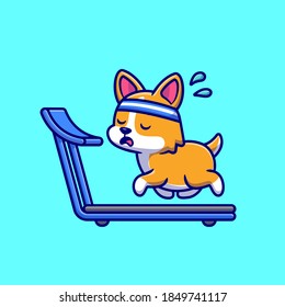 Exhausted Corgi Running On The Treadmill Cartoon Vector Icon Illustration. Animal Sport Icon Concept Isolated Premium Vector. Flat Cartoon Style