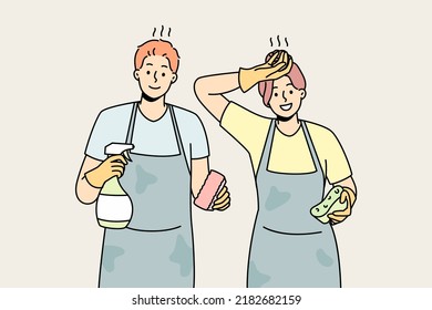 Exhausted couple feel tired after house cleaning. Man and woman in aprons housekeeping together. Household chores. Vector illustration. 