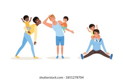 Exhausted Dad and Hyperactive Child Claiming Attention Vector Illustration Set