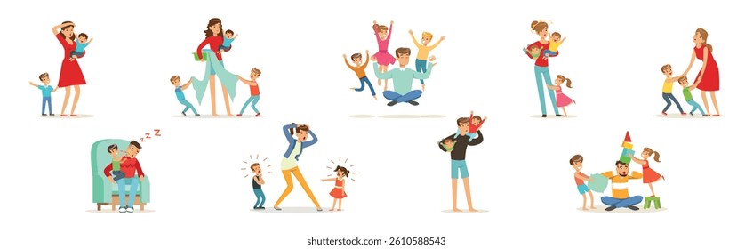 Exhausted Dad and Mom with Hyperactive Child Claiming Attention Vector Set