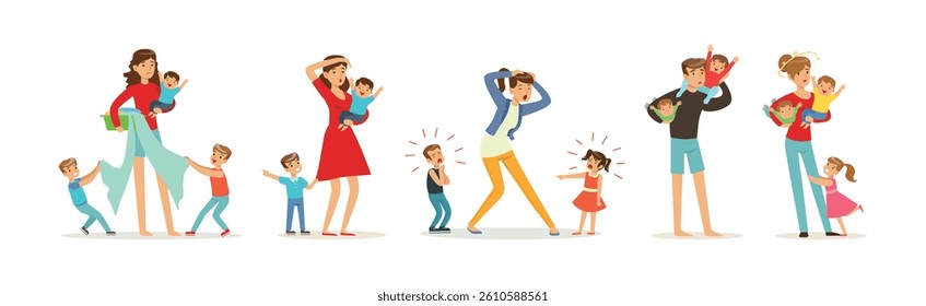 Exhausted Dad and Mom with Hyperactive Child Claiming Attention Vector Set