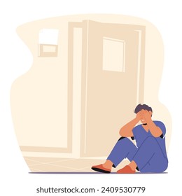 Exhausted And Despondent Doctor Character Sits On The Floor Beside The Cabinet Door, Burdened By The Weight Of Fatigue And The Emotional Toll Of Challenging Circumstances. Cartoon Vector Illustration