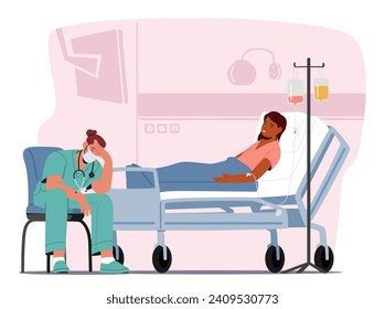 Exhausted And Despondent Doctor Male Character Slumps Beside The Seriously Ill Patient Bed, Wearied By The Weight Of Responsibilities And The Struggle To Heal. Cartoon People Vector Illustration