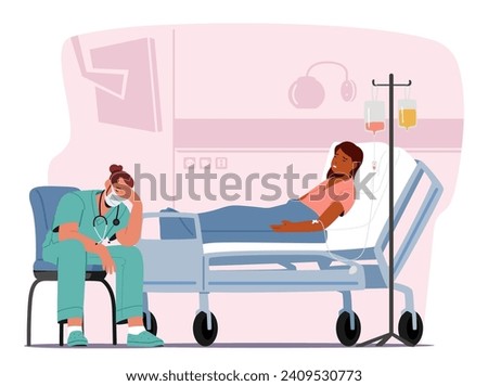 Exhausted And Despondent Doctor Male Character Slumps Beside The Seriously Ill Patient Bed, Wearied By The Weight Of Responsibilities And The Struggle To Heal. Cartoon People Vector Illustration