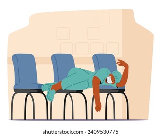 Exhausted Doctor, Draped In Fatigue, Seeks Solace On Clustered Chairs, Finding Respite Amidst The Quiet Hum Of A Hospital, A Fleeting Moment Of Rest Amid Relentless Dedication. Vector Illustration