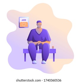 Exhausted Doctor Sitting In Corridor At Hospital.  Tired Medical Worker. Vector Modern Illustration In Cartoon Style.