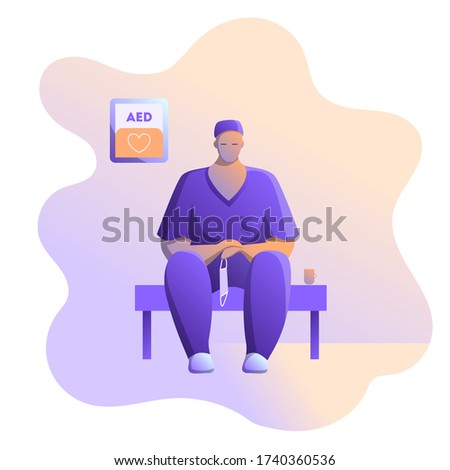 Exhausted doctor sitting in corridor at hospital.  Tired medical worker. Vector modern illustration in cartoon style.