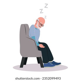 exhausted elderly man sleeping in a chair, man naps in an armchair. vector illustration.