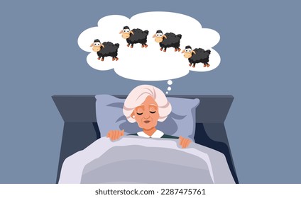 
Mujer anciana agotada contando ovejas para dormir ilustración vectorial. Ansiosa anciana tratando de quedarse dormida de noche 
