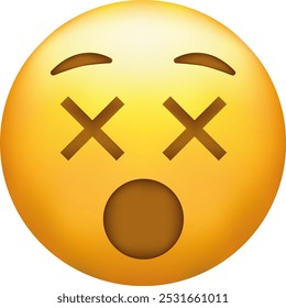 Exhausted emoji. Tired emoticon, yellow face with X-shaped scrunched eyes