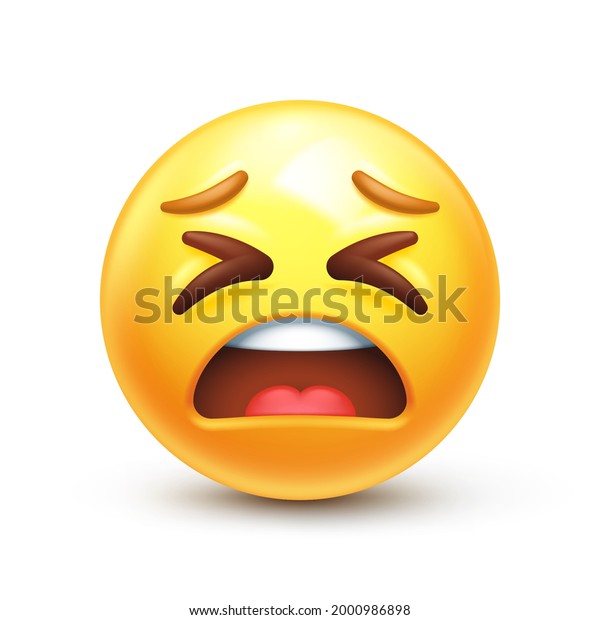 Exhausted emoji. Tired emoticon, yellow face with X-shaped scrunched