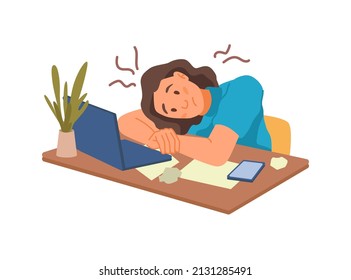 Exhausted employee laying on desk. Vector woman tired of overworking and overload. Low energy and productivity level due to health problems. Struggle to work and procrastination. Flat cartoon