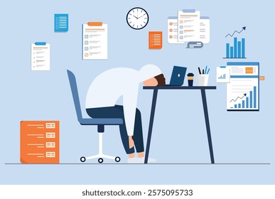 Exhausted employee overwhelmed with workload, surrounded by charts, documents, and a laptop in a messy office.
for stress, burnout, deadlines, overwork, productivity, and workplace challenges themes.