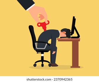 Exhausted employee recharged. manager big hand turn wind up key or winder clockwork to motivate businessman office worker.