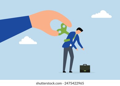 Exhausted employee recharged, manager big hand turn wind up key or winder clockwork to motivate businessman office worker.