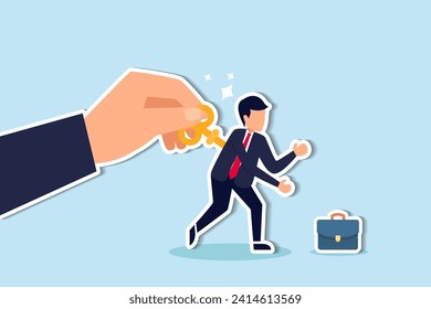 Exhausted employee recharged, power up or wind up to stimulate or motivate fatigue person concept, manager big hand turn wind up key or winder clockwork to motivate businessman office worker.