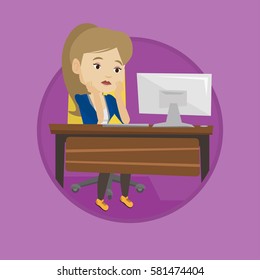 Exhausted employee sitting at workplace in front of computer. Overworked tired employee working with her head propped on hand. Vector flat design illustration in the circle isolated on background.