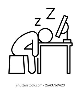 Exhausted employee sleep icon Line outline thin style of person slumped at desk in front of monitor symbol for digital fatigue and workplace burnout illustration