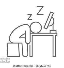 Icône de sommeil d'employé épuisé Contour de ligne mince style de personne affaissée au bureau devant le moniteur Symbole d'accident vasculaire cérébral modifiable pour la fatigue numérique et l'illustration d'épuisement au travail