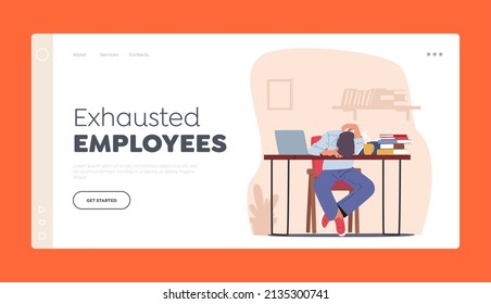 Exhausted Employees Landing Page Template. Professional Burnout, Overwork Tiredness Fatigue and Depression Concept. Tired Overload Businessman Sleeping on Office Desk. Cartoon Vector Illustration