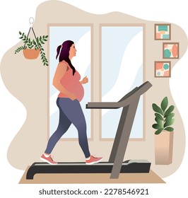 Mujer gorda exhausta tratando de perder grasa corriendo en el molino eléctrico en casa. Ilustración vectorial sobre ejercicio, salud, formación cardiovascular y dieta.