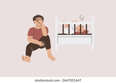 Exhausted Father with Crying Baby Illustration