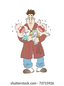 exhausted father holding two screaming babies
