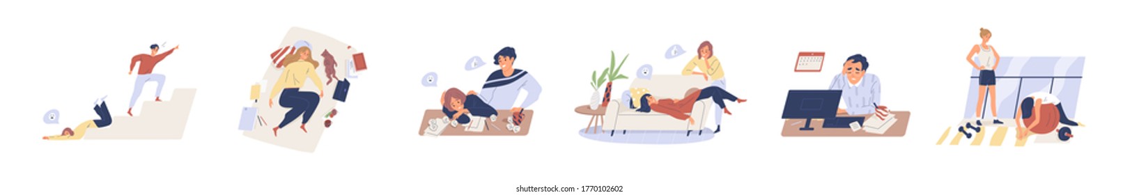 Exhausted, fatigue people in procrastination and emotional burnout on white background. Tired, frustrated, weak, unhappy people do nothing, fall down stairs, laying sofa in flat vector illustration