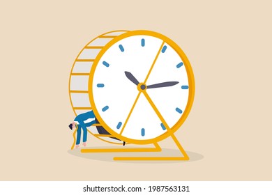 Exhausted and fatigue from routine job, tried or burnout from overworked, time management problem concept, exhausted tried businessman lay down in hamster rat race with time running clock.