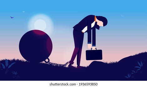 Exhausted female - Business woman with ball on chain, walking while being very tired and burned out. Fatigue and overworked concept. Vector illustration.