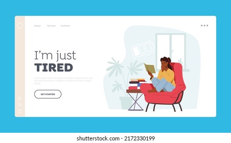 Exhausted Female Character Landing Page Template. Young Woman Yawning while Reading Book Sitting on Armchair. Tired Sleepy Student Prepare for Exams with Textbooks. Cartoon People Vector Illustration