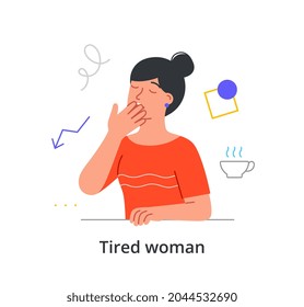 Exhausted female character is yawing at work and craving a cup of coffee to stay awake on white background. People getting tired in daily work life with fatigue. Flat cartoon vector illustration