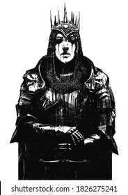 An exhausted female crusader, in plate armor, chain mail and a crown, stands firmly leaning on her sword. 2D illustration