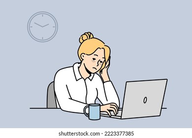 Exhausted female employee sit at office desk work on computer feel sleepy and overwhelmed. Tied woman worker feeling burnout at workplace. Fatigue. Vector illustration. 