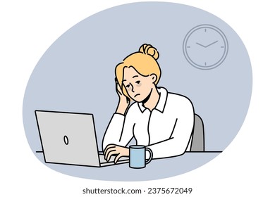 Exhausted female employee sit at office desk work on computer feel sleepy and overwhelmed. Tied woman worker feeling burnout at workplace. Fatigue. Vector illustration.