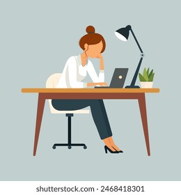 Exhausted female employee sit at office desk work on computer. Disappointed employee, mental health problems. Vector illustration in a flat style