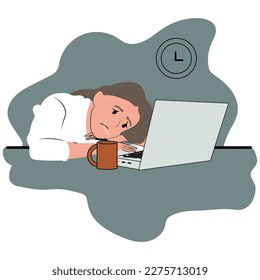 Exhausted female employee sits at office desk, works on computer, feels sleepy and overwhelmed. Tied woman worker feeling exhausted at workplace. Fatigue. Vector illustration.