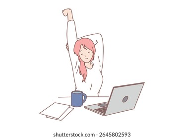 Uma funcionária cansada sentada na mesa do escritório. Mulher cansada faz ginástica e exercícios no trabalho. Esporte. Ilustrações de design de vetor de estilo desenhado à mão.