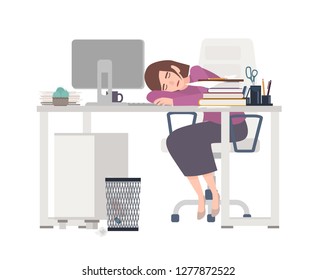 Exhausted female office worker, manager or clerk sitting at desk covered with documents and sleeping. Tired young woman at work or workplace. Colorful vector illustration in flat cartoon style.