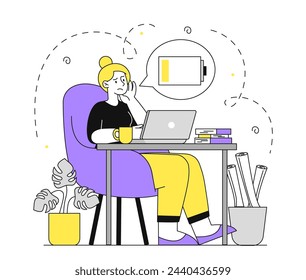 Exhausted female worker linear. Young girl with low battery energy at workplace. Emotional burnout, frustration and loneliness. Simple flat vector illustration isolated on white background
