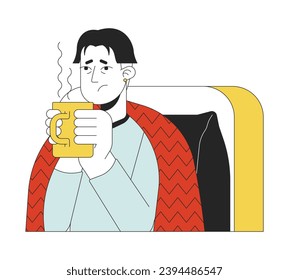 Exhausted flu asian man holding hot drink 2D linear cartoon character. Korean male drinking warm liquid isolated line vector person white background. Flu relief color flat spot illustration