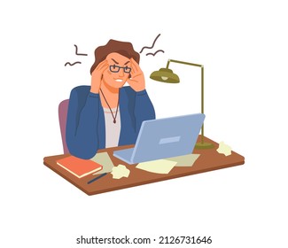 Exhausted or frustrated woman with headache working on computer. Vector stressed employee by laptop dealing with overload and problems with completion of project in time. Flat cartoon character