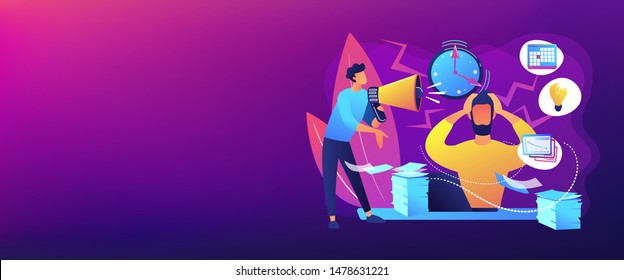 Exhausted, frustrated worker, burnout. Boss shout at employee, deadline. How to relieve stress, acute stress disorder, work related stress concept. Header or footer banner template with copy space.