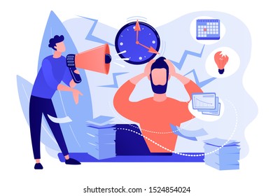 Exhausted, frustrated worker, burnout. Boss shout at employee, deadline. How to relieve stress, acute stress disorder, work related stress concept. Pinkish coral bluevector isolated illustration