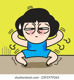 Exhausted Girl Doing Bodyweight Squats Concept Card Character illustration