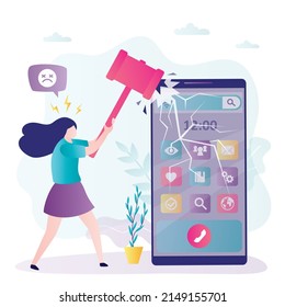 Exhausted girl with hammer breaks mobile phone to get rid of addiction. Female character refusing internet. Digital detox. Unhappy woman suffering from online addiction. Flat vector illustration