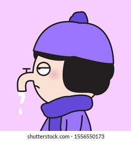 Exhausted Girl With Her Runny Nose Faucet. Winter Allergies Symptoms Concept Card Character illustration