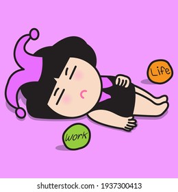 Exhausted Girl In Joker Hat Lying On Floor After Juggling Balls Of Work And Life. Finding It's Hard To Balance Work And Life Concept Card Character illustration