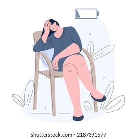 Exhausted Girl With Low Energy Battery Sitting On Chair. Tired Office Woman, Fatigue Sadness Or Frustration. Student Or Business Woman Kicky Vector Character