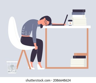 Exhausted girl sleeping on working office table. Professional burning out and overtime job cartoon vector illustration